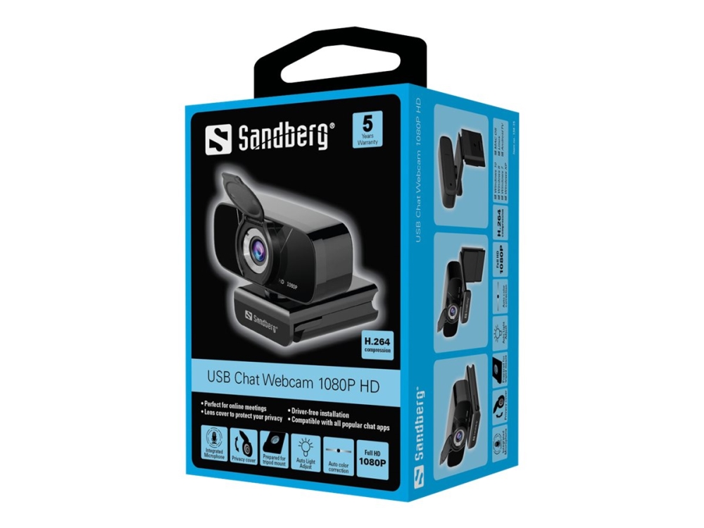 Sandberg Usb Chat Webcam 1080p Hd   Webcam   Farve   2 Mp   1920 X 1080   1080p   Audio   Usb 2 0   Mjpeg  H 264  Yuv
